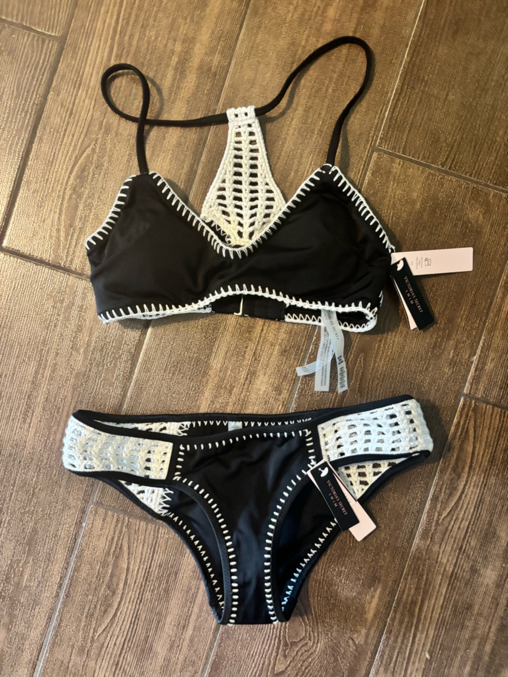 PINK Victoria's Secret Black Bikini with White Crochet Trim